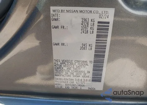 2024 Nissan Altima Sv Fwd from USA, damaged, VIN 1N4BL4DV3RN384388